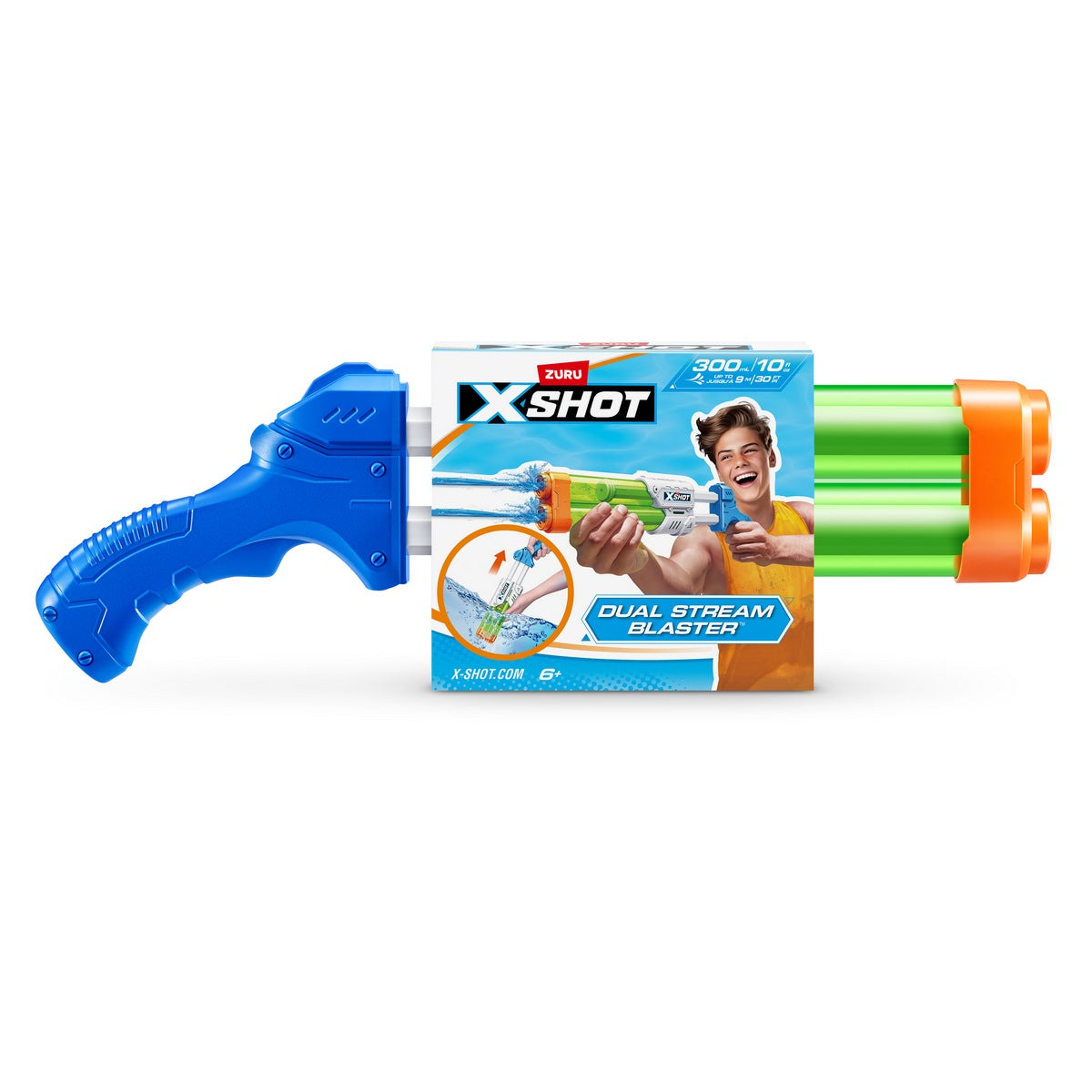 Lanzador de agua X-Shot con doble chorro y detalles en naranja y azul