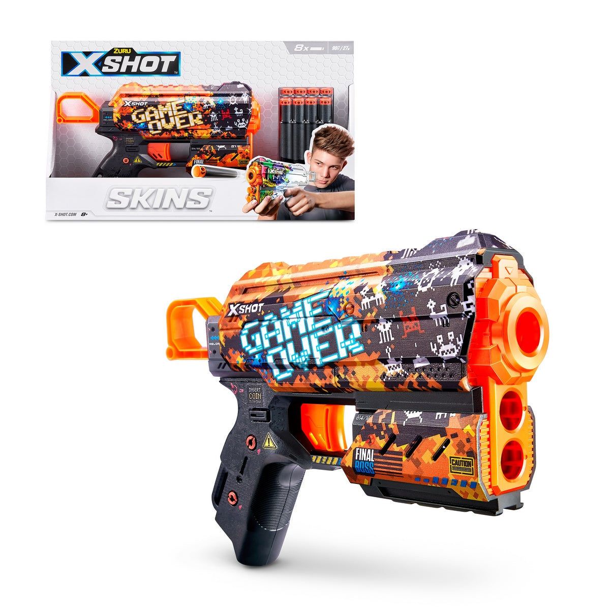 Lanzador Flux Skins Game Over de X-Shot con diseño colorido y 8 dardos incluidos