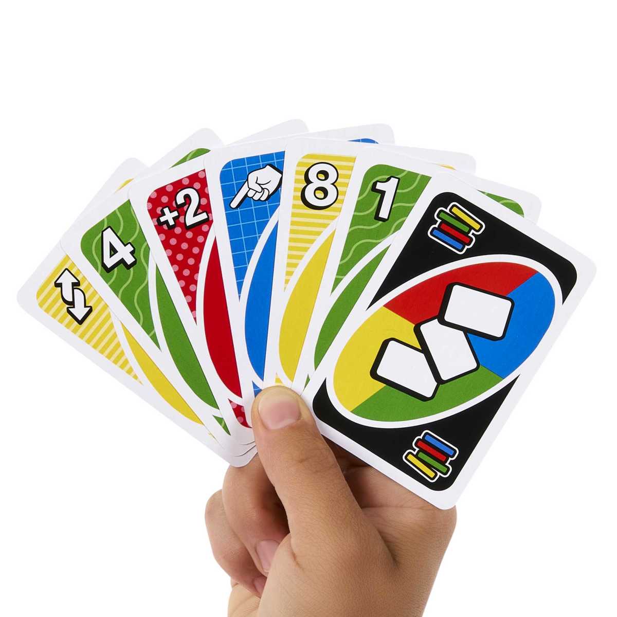 Mano sosteniendo cartas del juego Uno Party mostrando variedad de colores y números