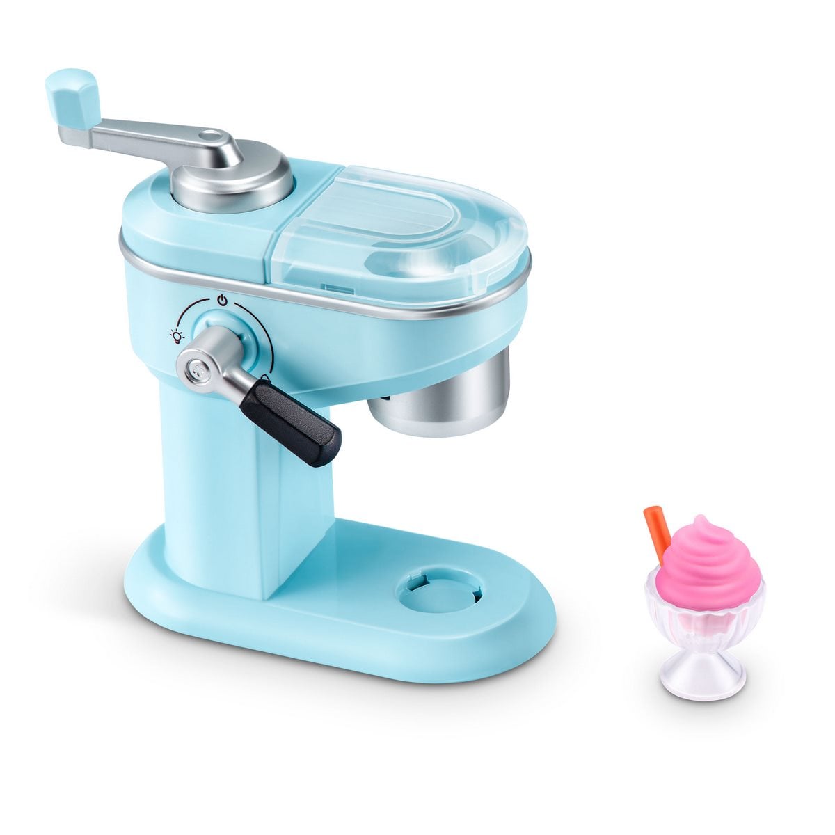 Mini electrodoméstico máquina de helados azul y vaso con postre rosa en miniatura