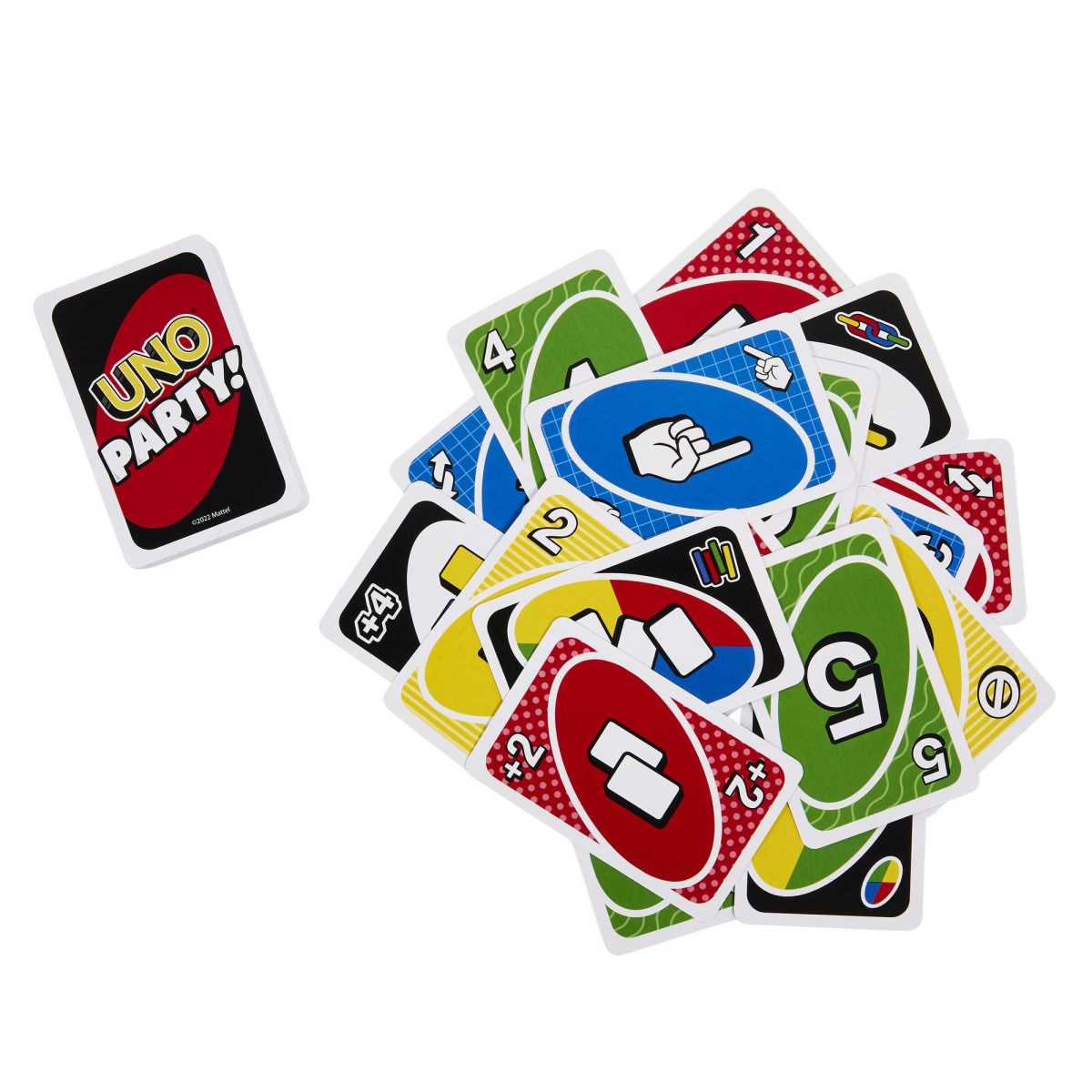 Montón de cartas del juego Uno Party sobre fondo blanco