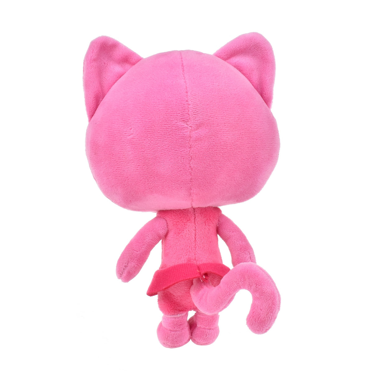 Parte trasera del peluche Mei-Li Plim Plim mostrando cola rizada y vestido rojo