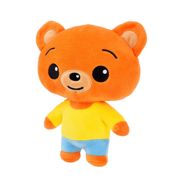 Vista frontal del peluche Bam Plim Plim con detalles de cara y ropa