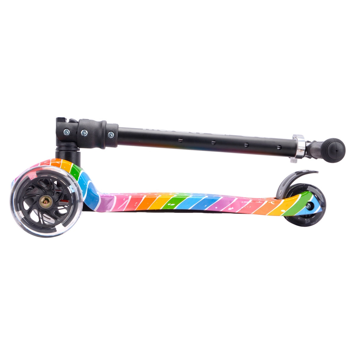 Vista plegada del scooter Triscooter Astro Dream Boldcube con colores vivos y ruedas luminosas