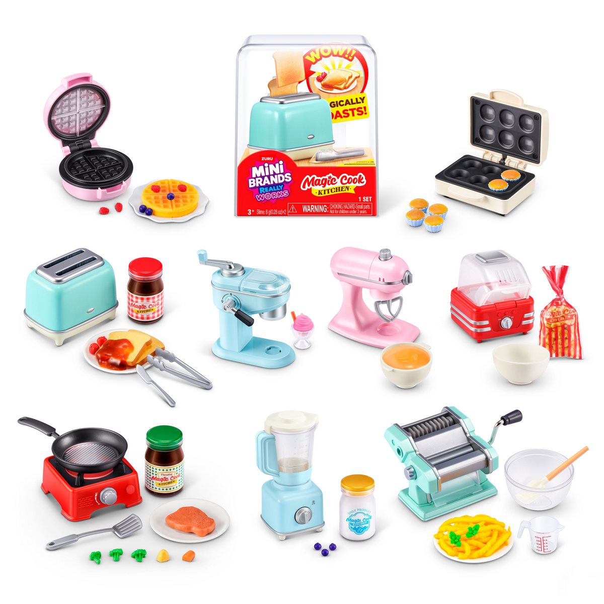 Set completo Mini Brands Magic Cook Kitchen con múltiples accesorios y electrodomésticos miniatura