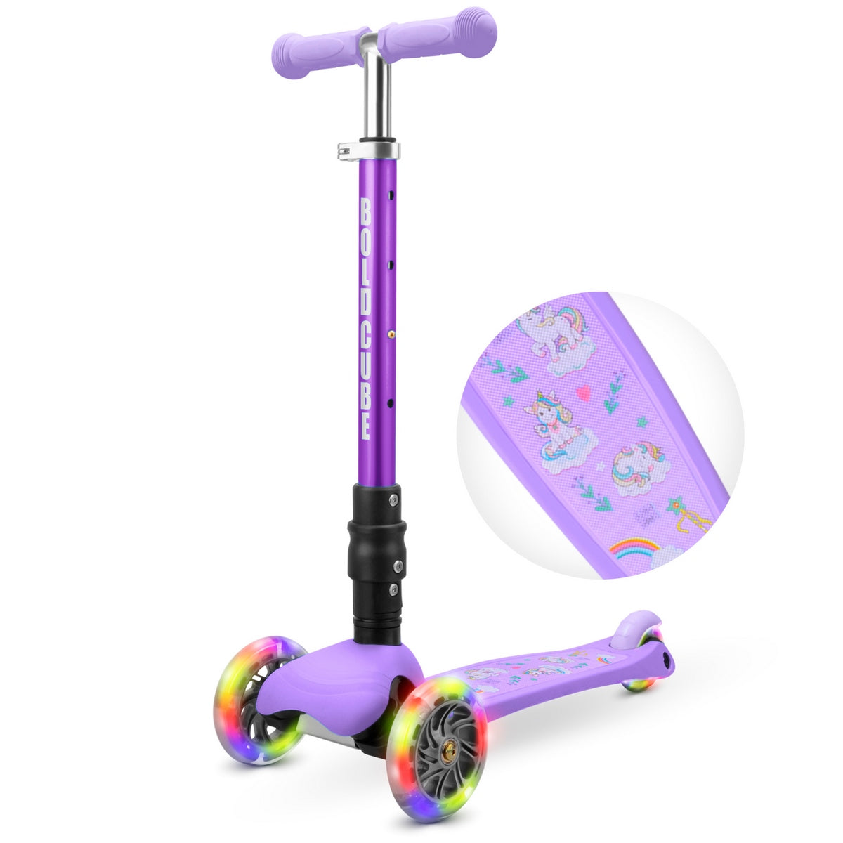 Triscooter plegable Boldcube unicornios con ruedas delanteras luminosas