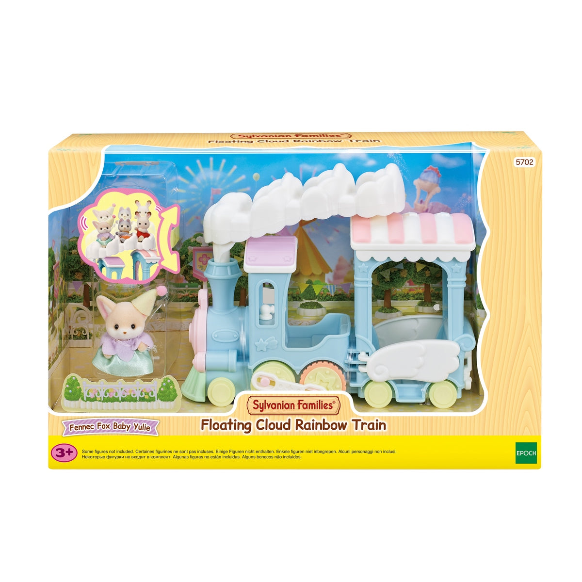 Vista frontal del empaque del Tren Arcoiris de las Nubes Sylvanian Families mostrando el tren y figura incluida