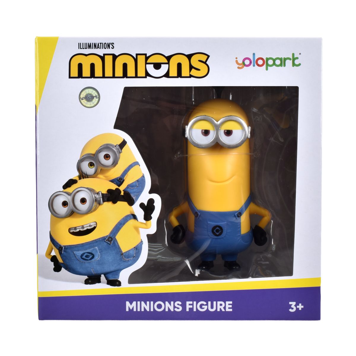 Vista frontal de la figura Kevin Minions dentro de su empaque transparente
