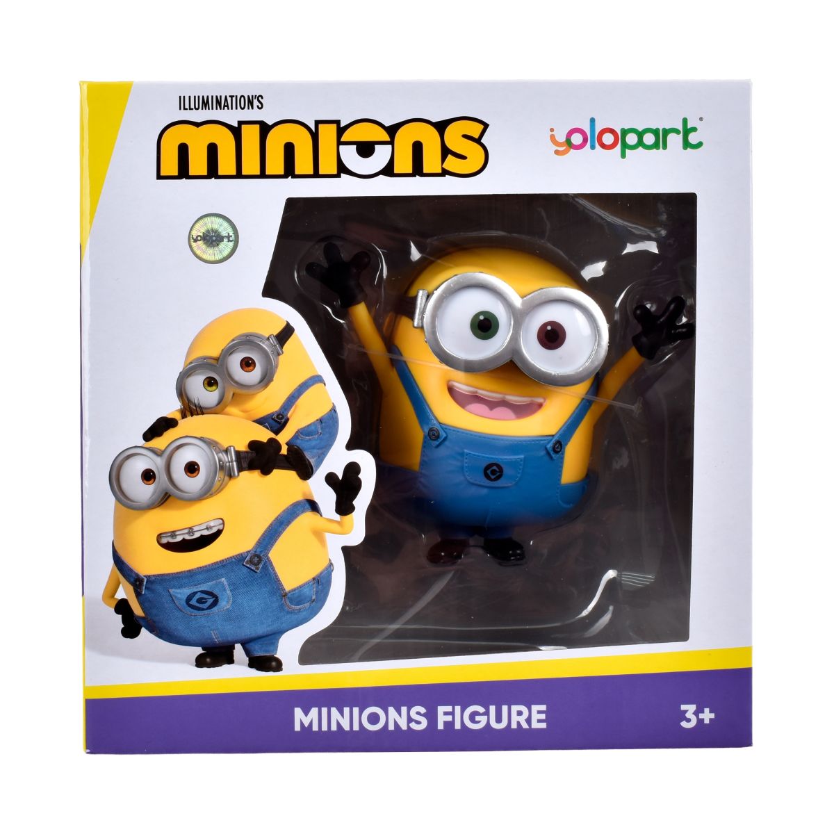 Vista frontal de figura Minions Bob con ojos grandes y sonrisa amplia