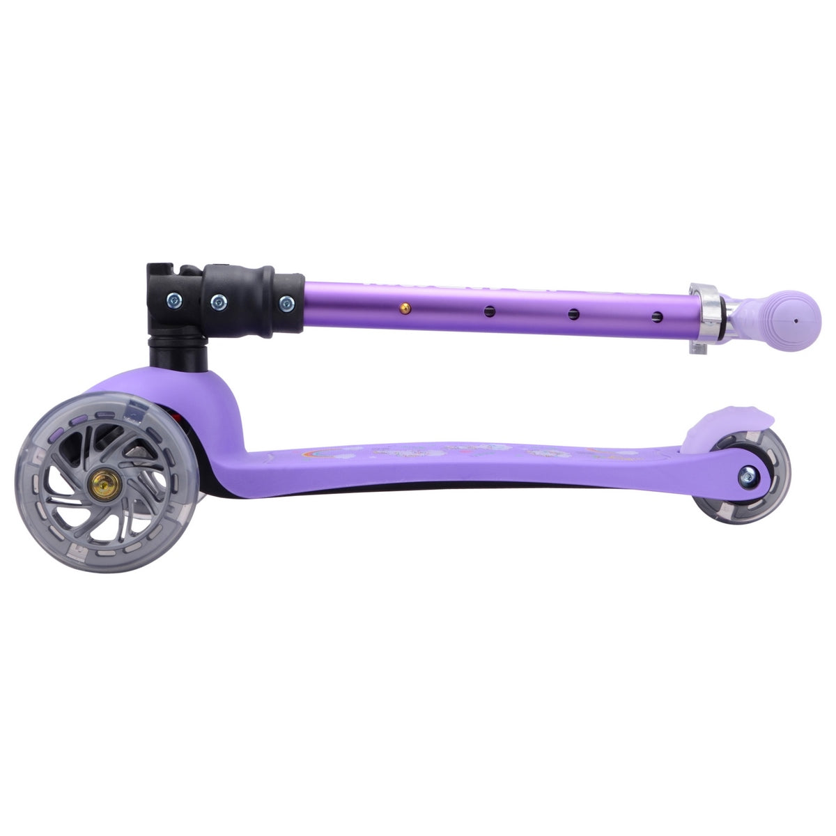 Vista lateral del triscooter plegable Boldcube unicornios en posición cerrado