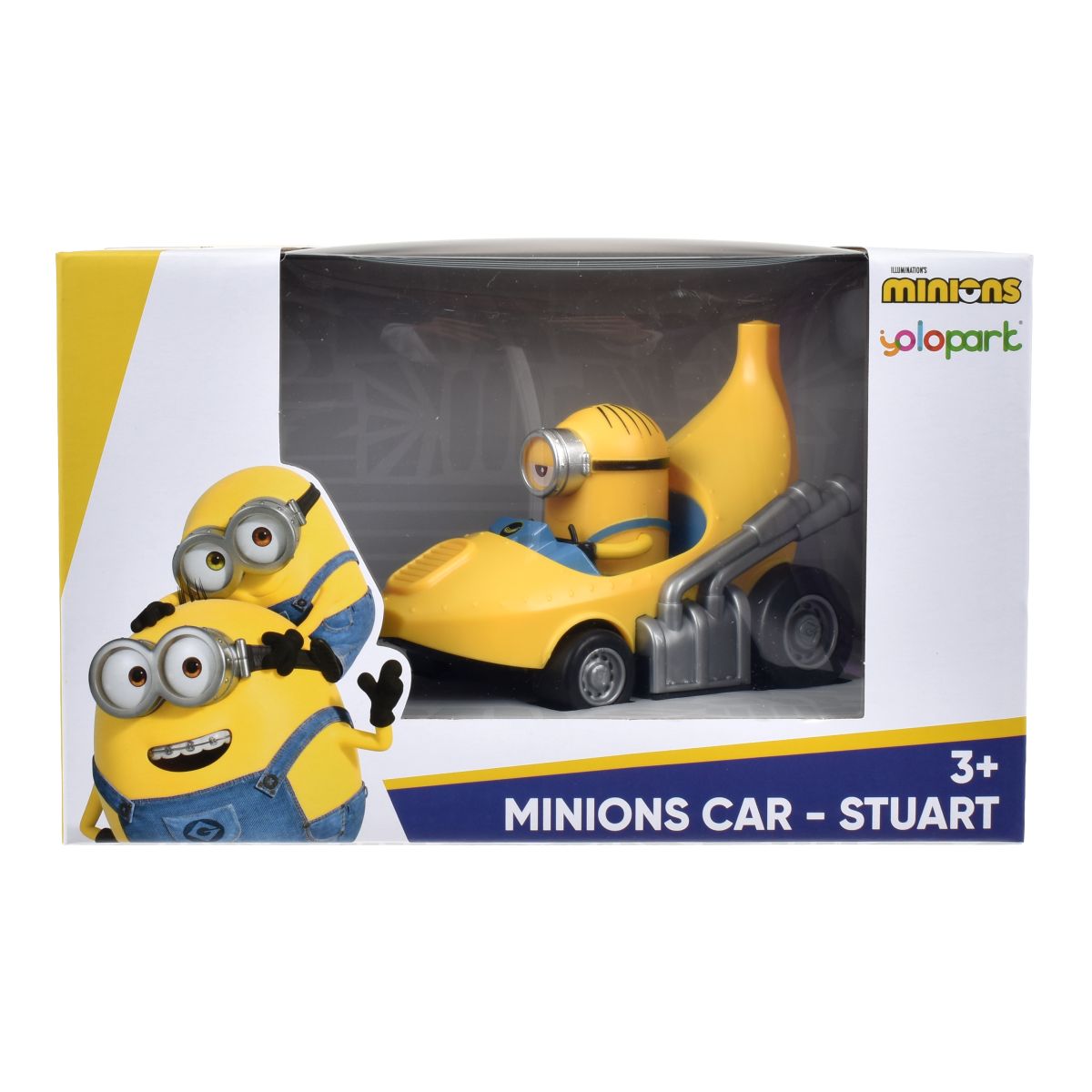 Vista lateral del vehículo a fricción Minions con figura de Stuart